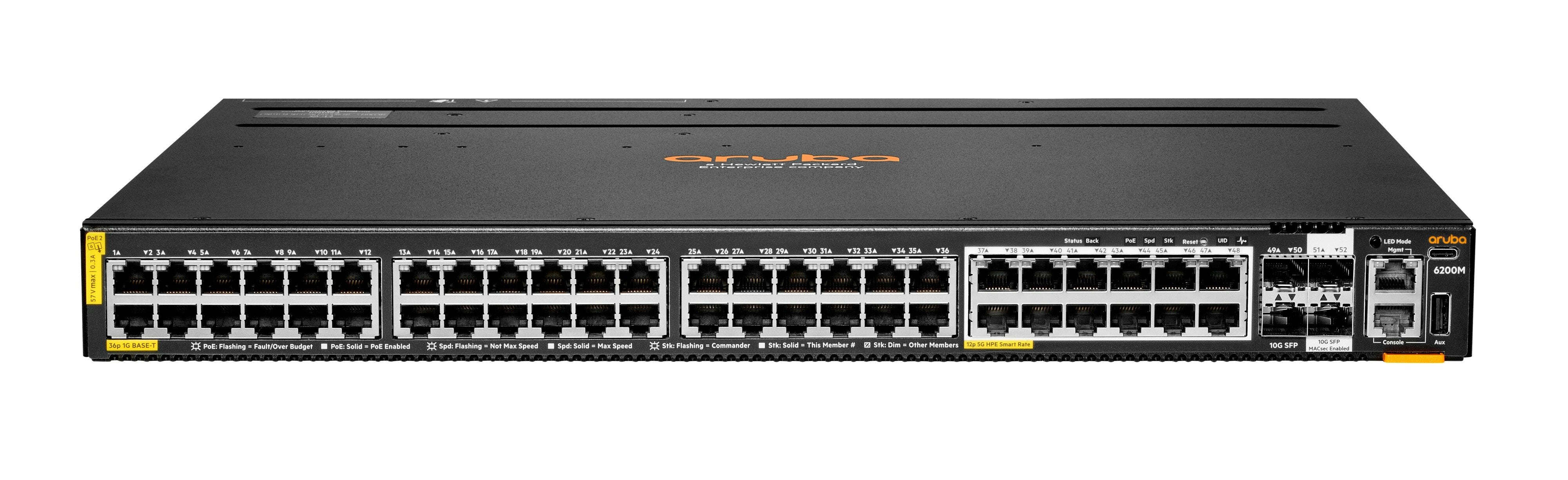 Aruba CX 6200M (R8Q71A) – 36 × 1GbE + 12 × Smart Rate Multi-Gig PoE+ Ports, 4 × 10GbE Uplinks, Enterprise L3 Switch