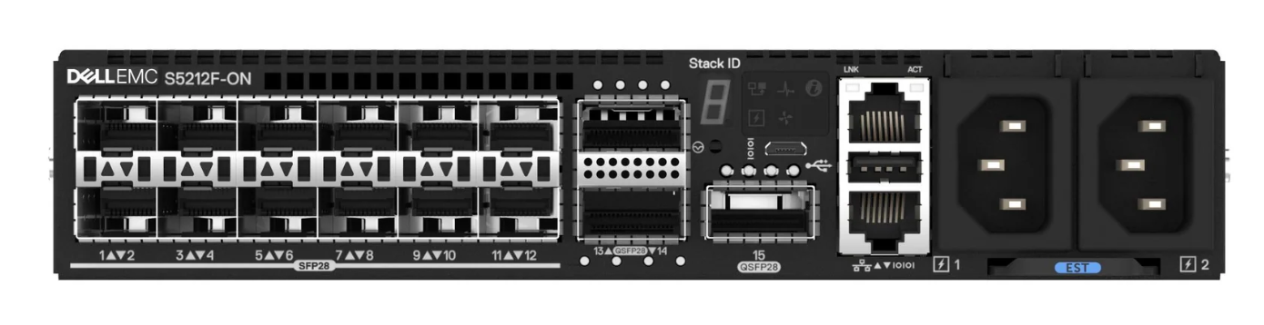 Close-up of Dell EMC S5212F-ON SFP28 and QSFP28 ports