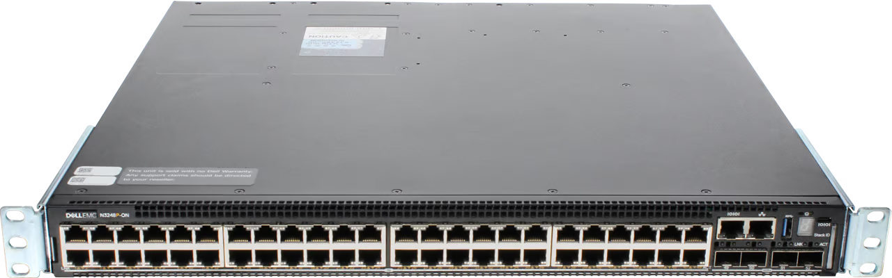 Dell N3248P-ON front panel showing 48 RJ45 PoE+ ports and 4 SFP uplinks