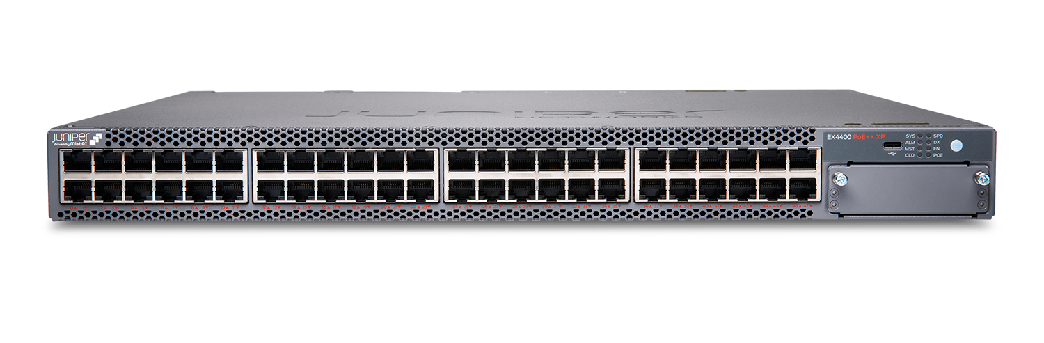 Juniper EX4400-48XP - 48× 1/2.5/5/10GbE PoE++ Multigig Access Switch with 4× 25GbE Uplinks, 3,600W PoE Budget, 1U Design