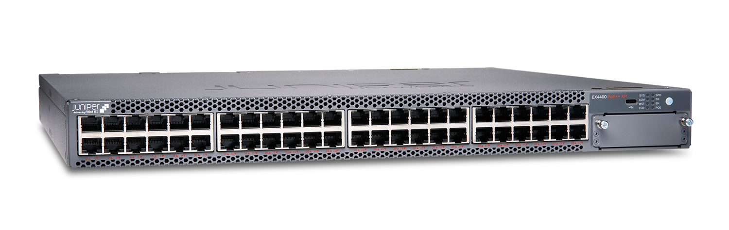 Juniper EX4400-48XP - 48× 1/2.5/5/10GbE PoE++ Multigig Access Switch with 4× 25GbE Uplinks, 3,600W PoE Budget, 1U Design