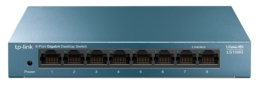 Top angle of TP-Link LS108G switch with durable metal casing
