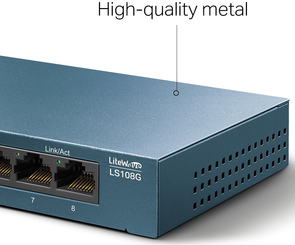 TP-Link LS108G 8-port desktop switch in a minimalist workspace